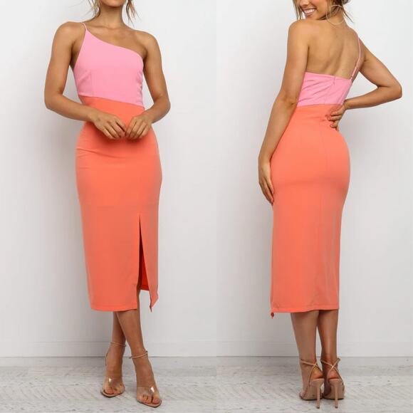 Petal & Pup Dresses & Skirts - Petal + Pup NWT Xiomar Pink Orange Colorblock One Shoulder Side Slit Midi Dress